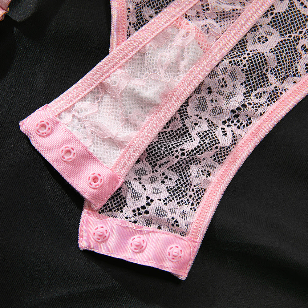 Pink Color-Block Lace Frill Stretch Bodysuit with Garter & Stockings