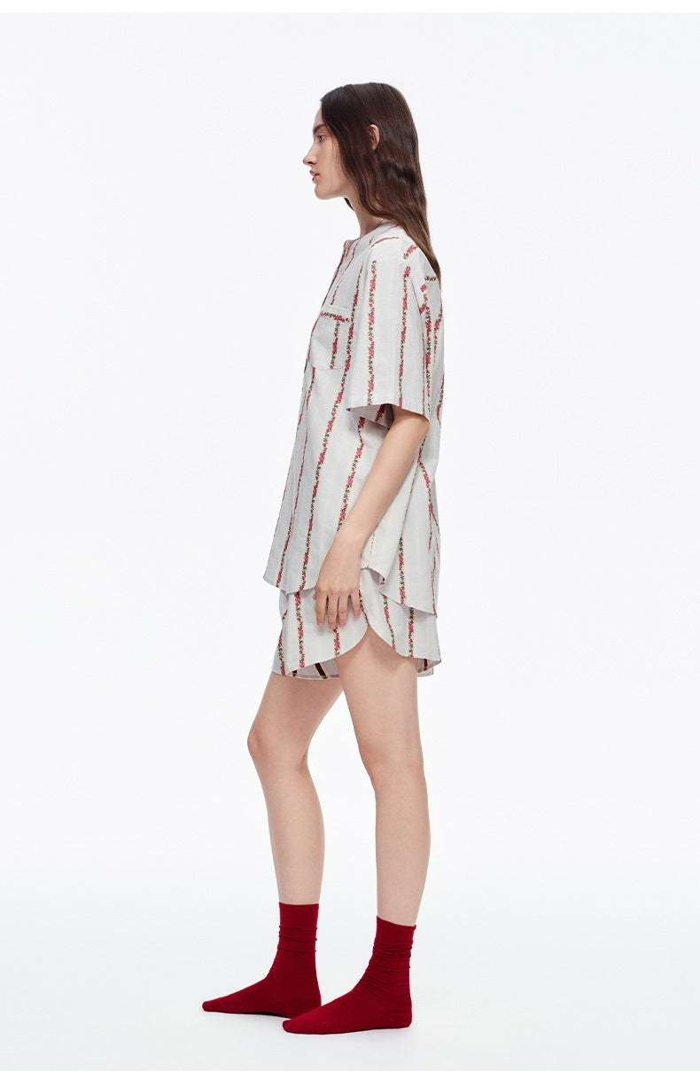 Pure Cotton Rose Stripe Short Sleeve Pajama Set | Sweet Summer Loungewear
