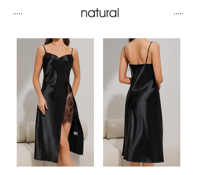 Lace Trim Ice Silk Long Cami Sleep Dress – Sexy Summer Nightgown