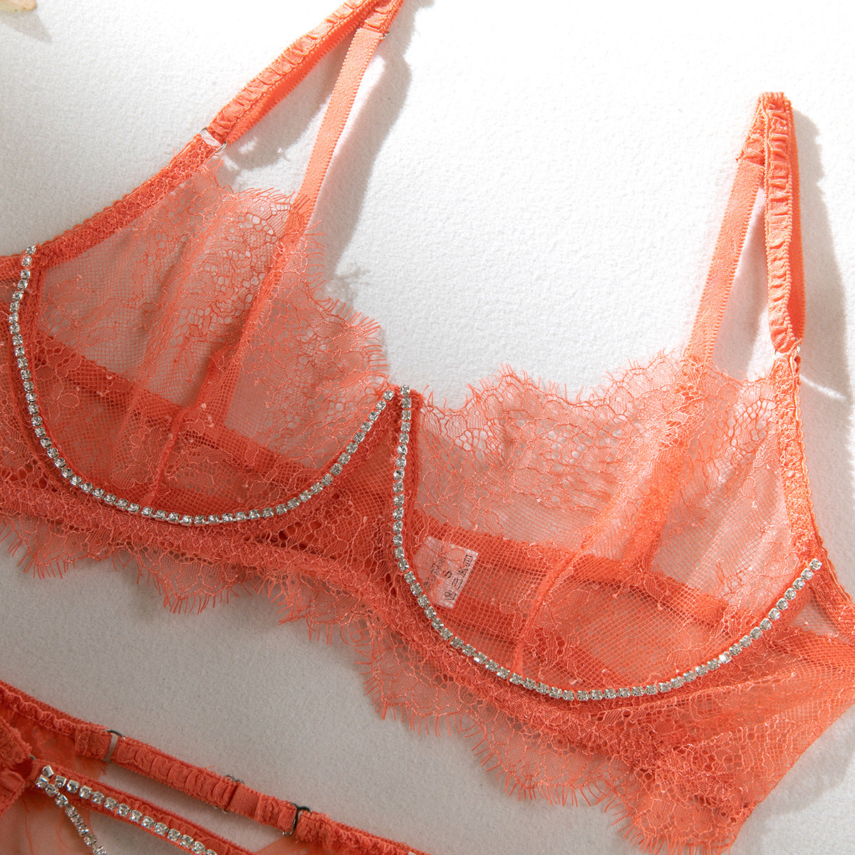 Crystal Lace Sheer Gathering Lingerie Four-Piece Set
