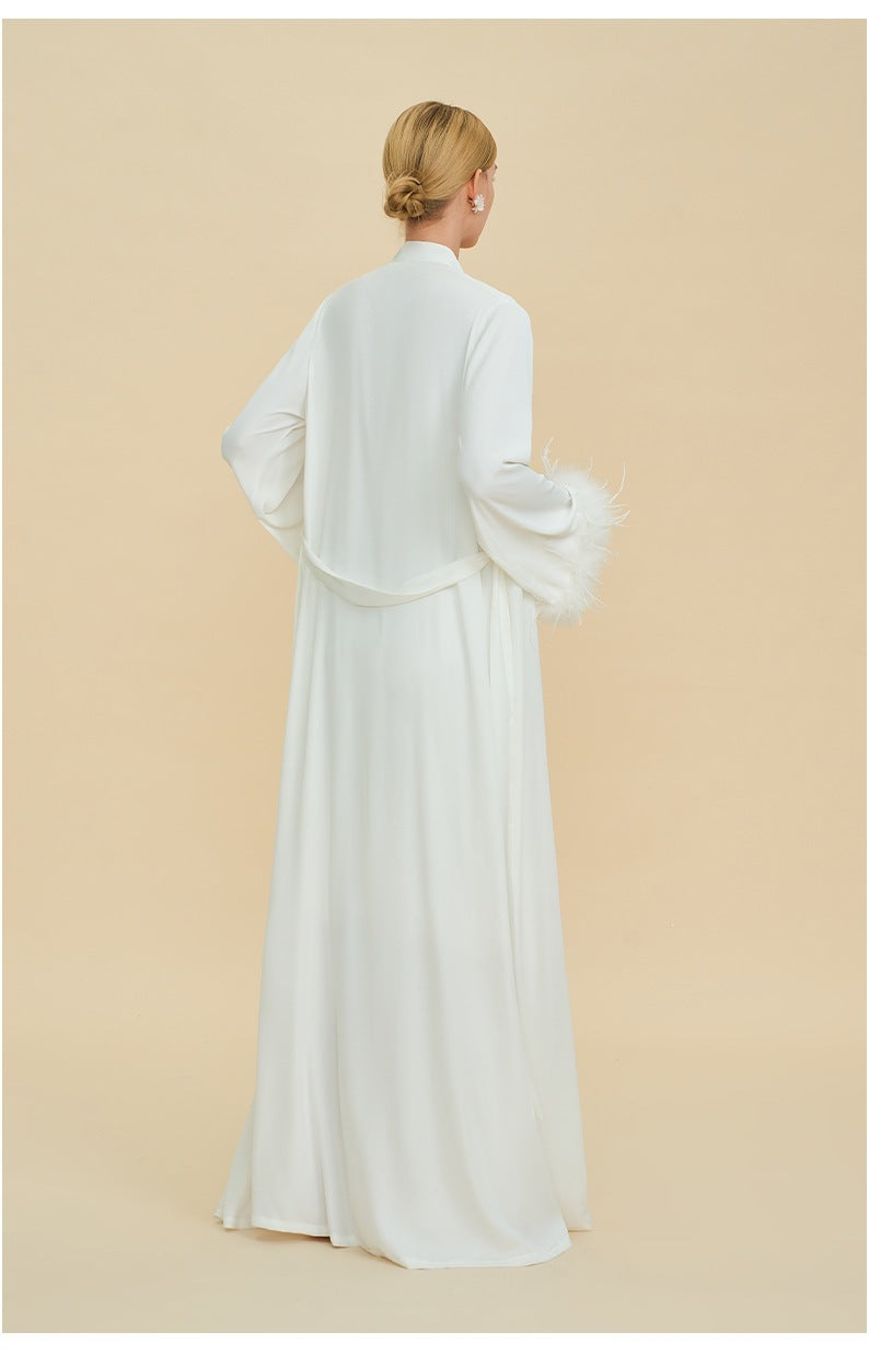 Feather Trim Luxury Robe | High-End Satin Bathrobe for Women