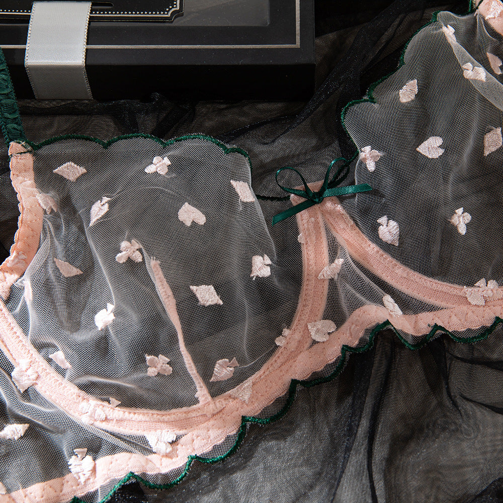 Printed Embroidery Sheer Lace Underwire Lift Bra Set