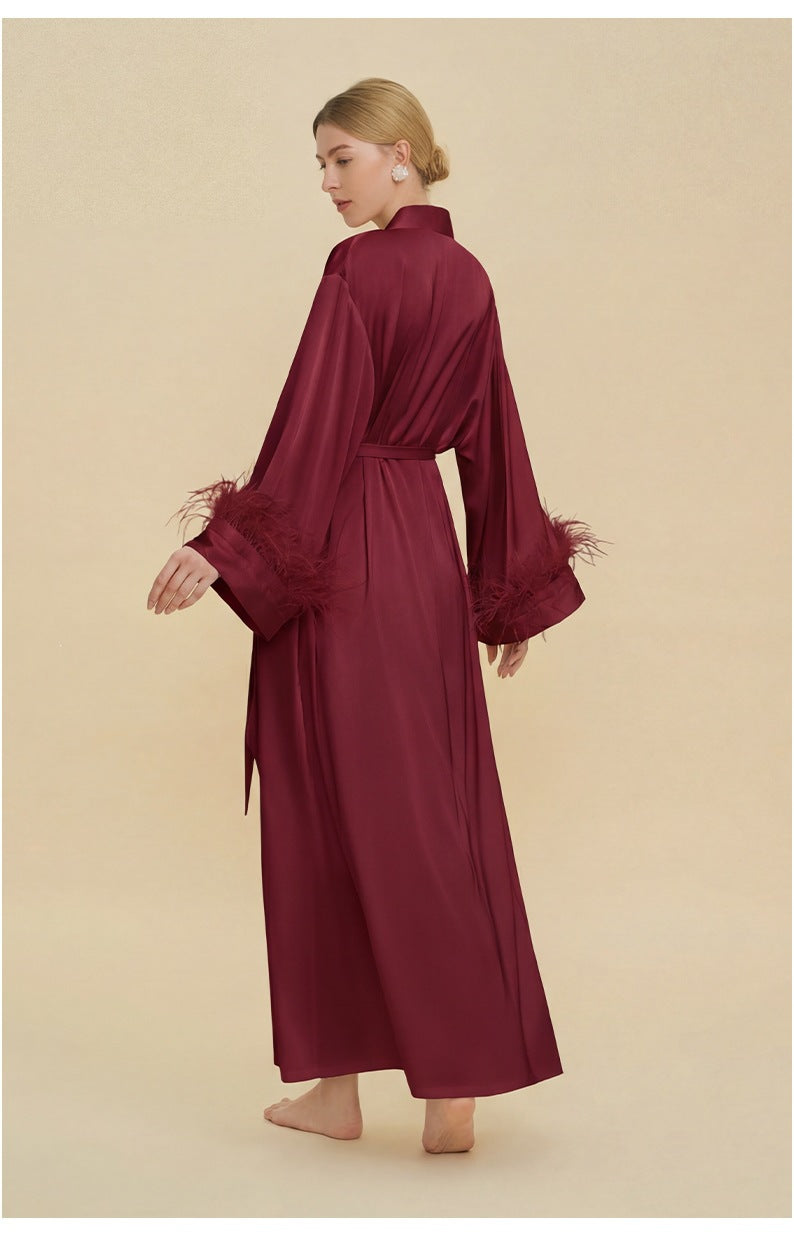 Ostrich Feather Cape Robe | Acetate Satin Luxury Loungewear