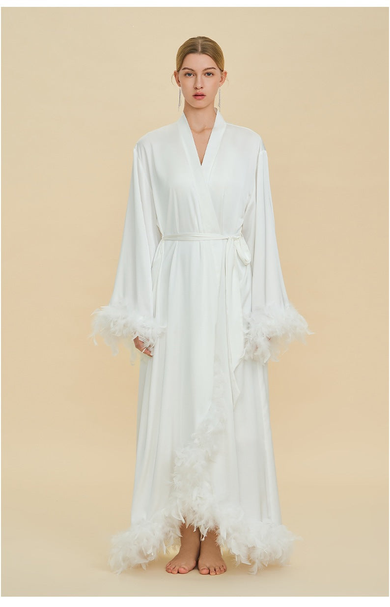 Feather Cardigan & Slip Dress Set | Luxury Long-Sleeve Loungewear