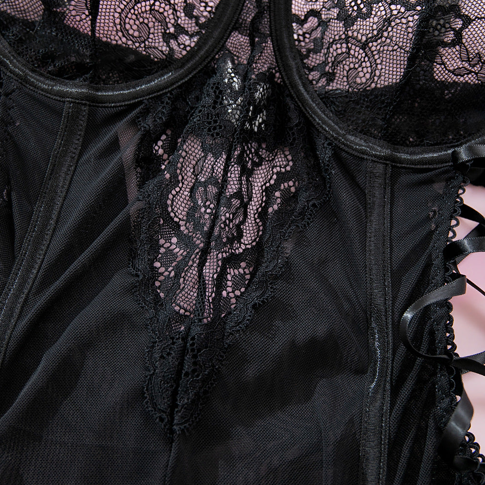 Lace Mesh Underwire Bodysuit with Stockings