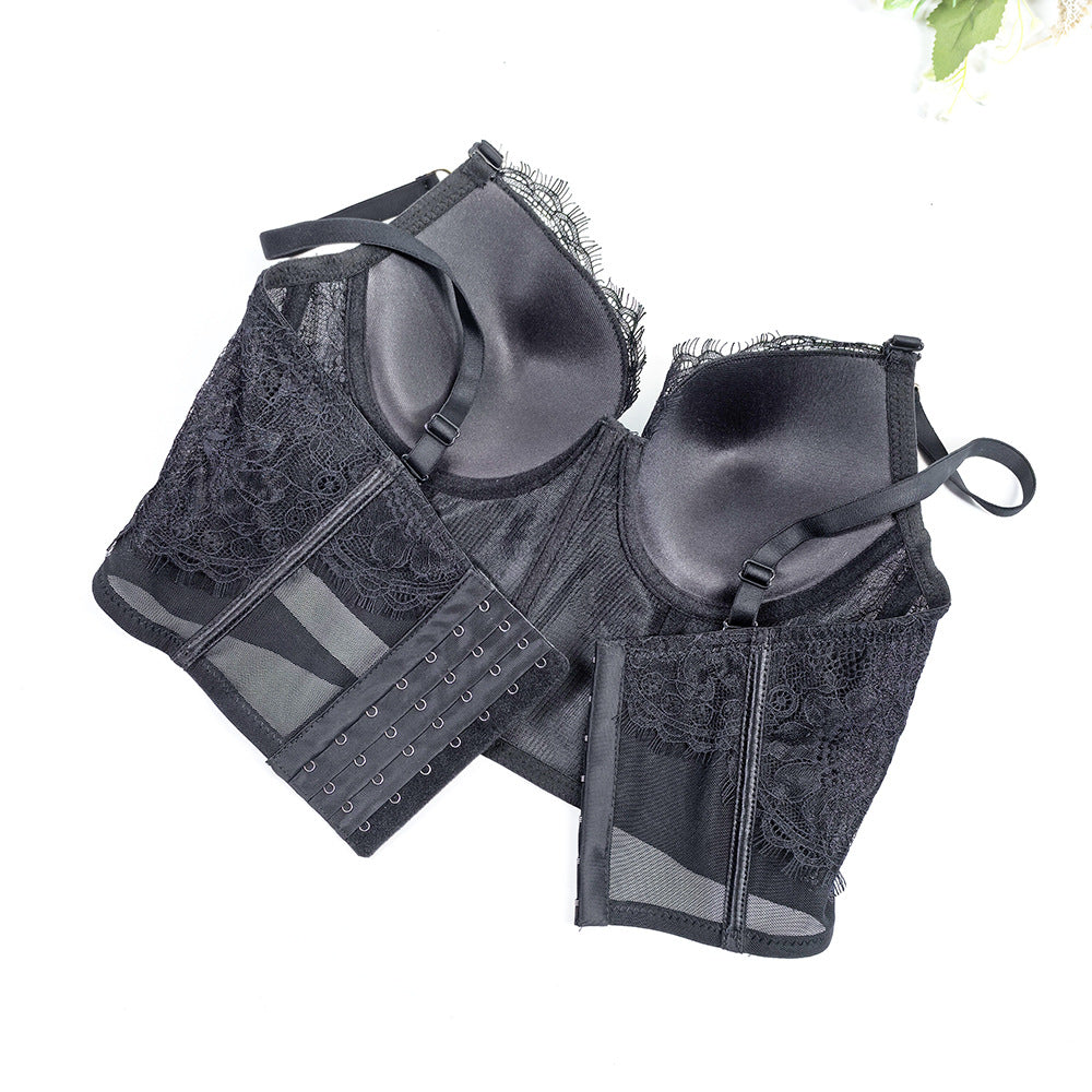 V-Neck Eyelash Lace Fishbone Corset Bra