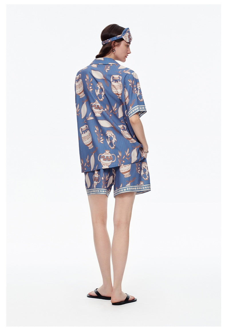 Jacquard Satin Shorts & Short-Sleeve Pajama Set — Luxury Loungewear