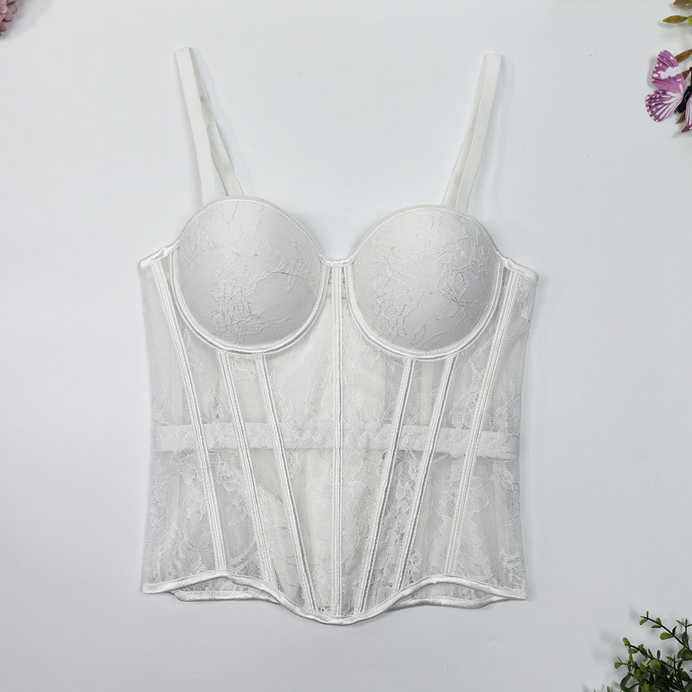 Lace Mesh Waist-Cinching Corset Bustier Top