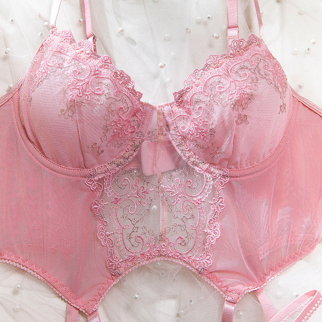 Pink Embroidered Underwire Lingerie Set