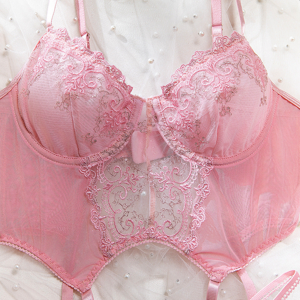 Pink Embroidered Underwire Lingerie Set
