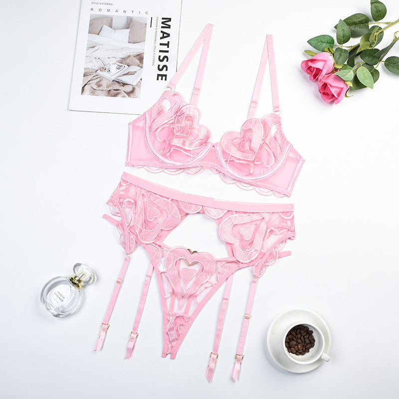 Lace Mesh Embroidered Lingerie Set — Gathering Suspender Three-Piece