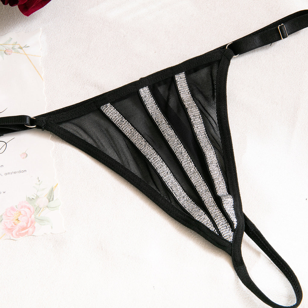 Contrast Webbing Boned Three-Piece Lingerie Set
