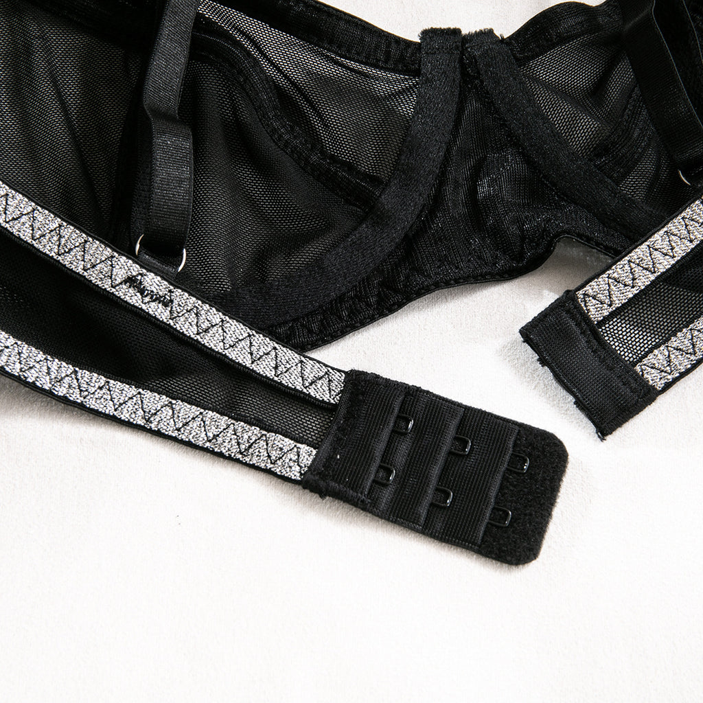 Contrast Webbing Boned Three-Piece Lingerie Set
