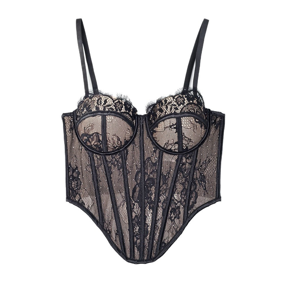 Rhinestone Lace Fishbone Corset Bra