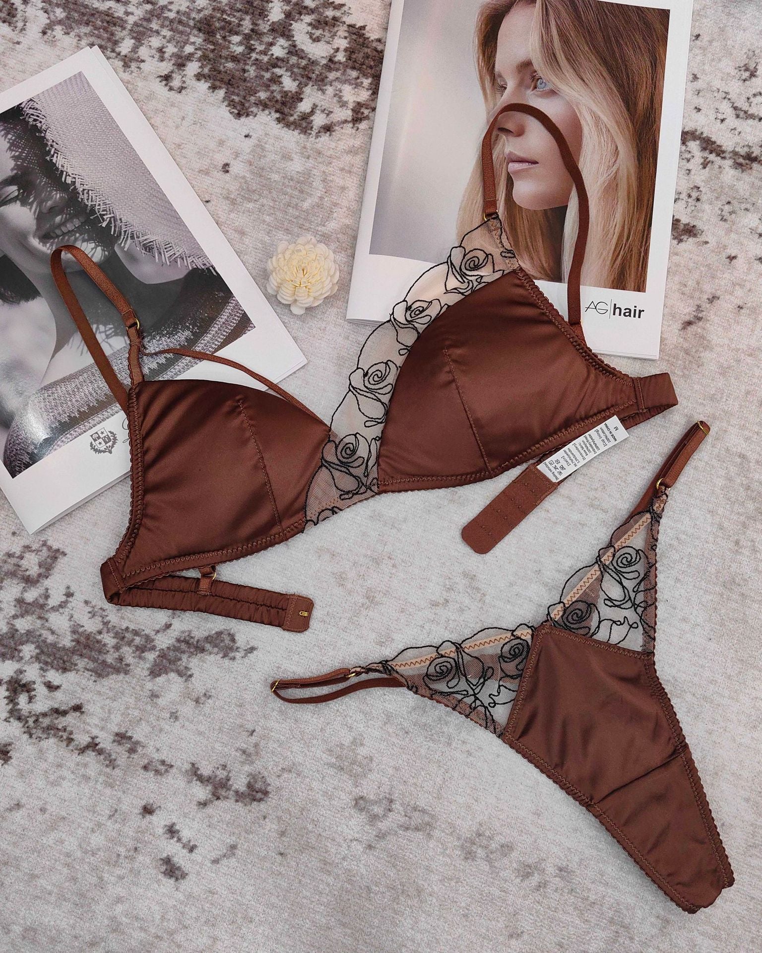 French Embroidered Lace Lingerie Set – Wireless Bra with Thong or Briefs | 5 Colors