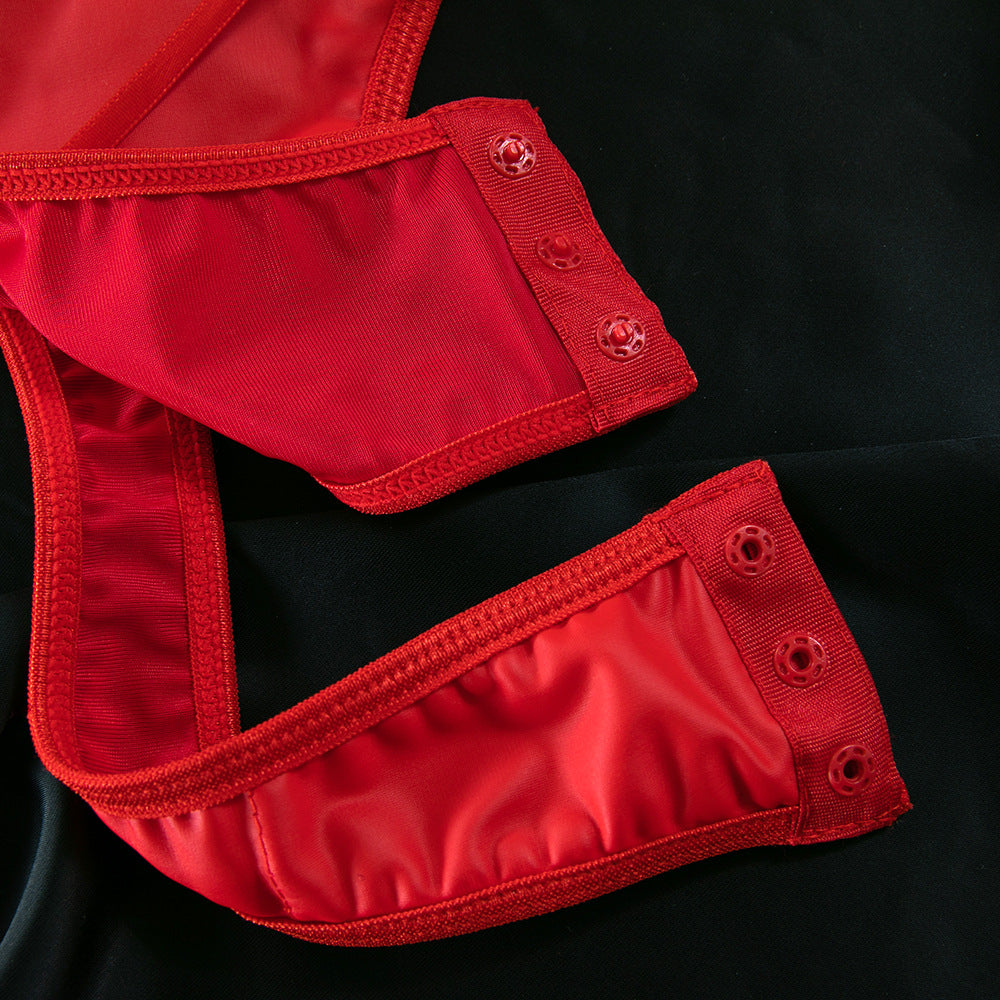 Lace Faux Leather Heart Tie Waist Lingerie Set