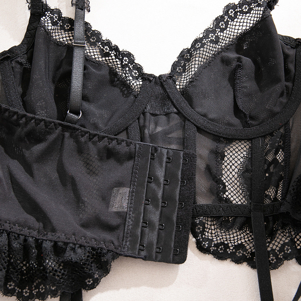 Black Lace Sheer Hollow-Out Bra & High-Waist Panty Set