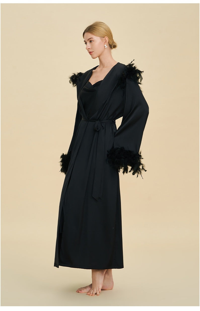 Hooded Feather Trim Long Robe | Detachable Luxury Loungewear