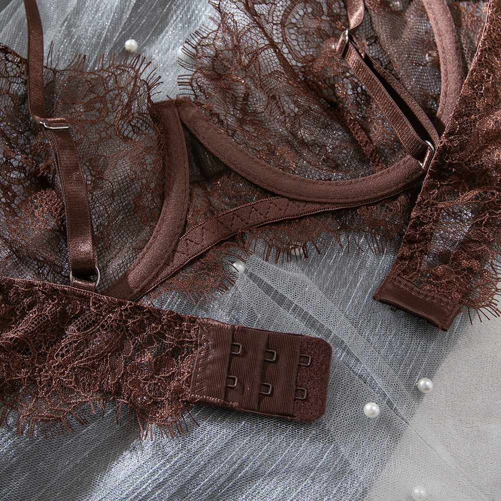 French Sheer Lace Gathering Lingerie Set