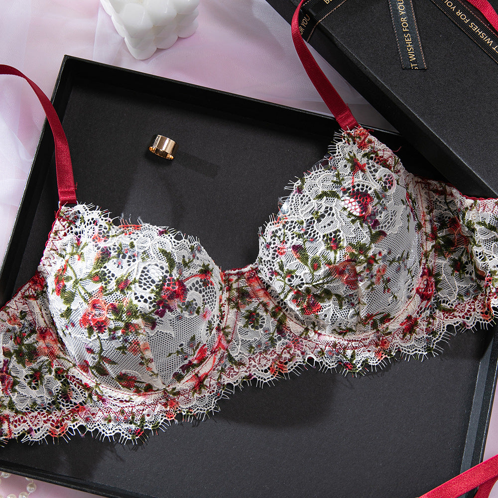 French Vintage Lace Floral Print Gathering Bra Lingerie Set