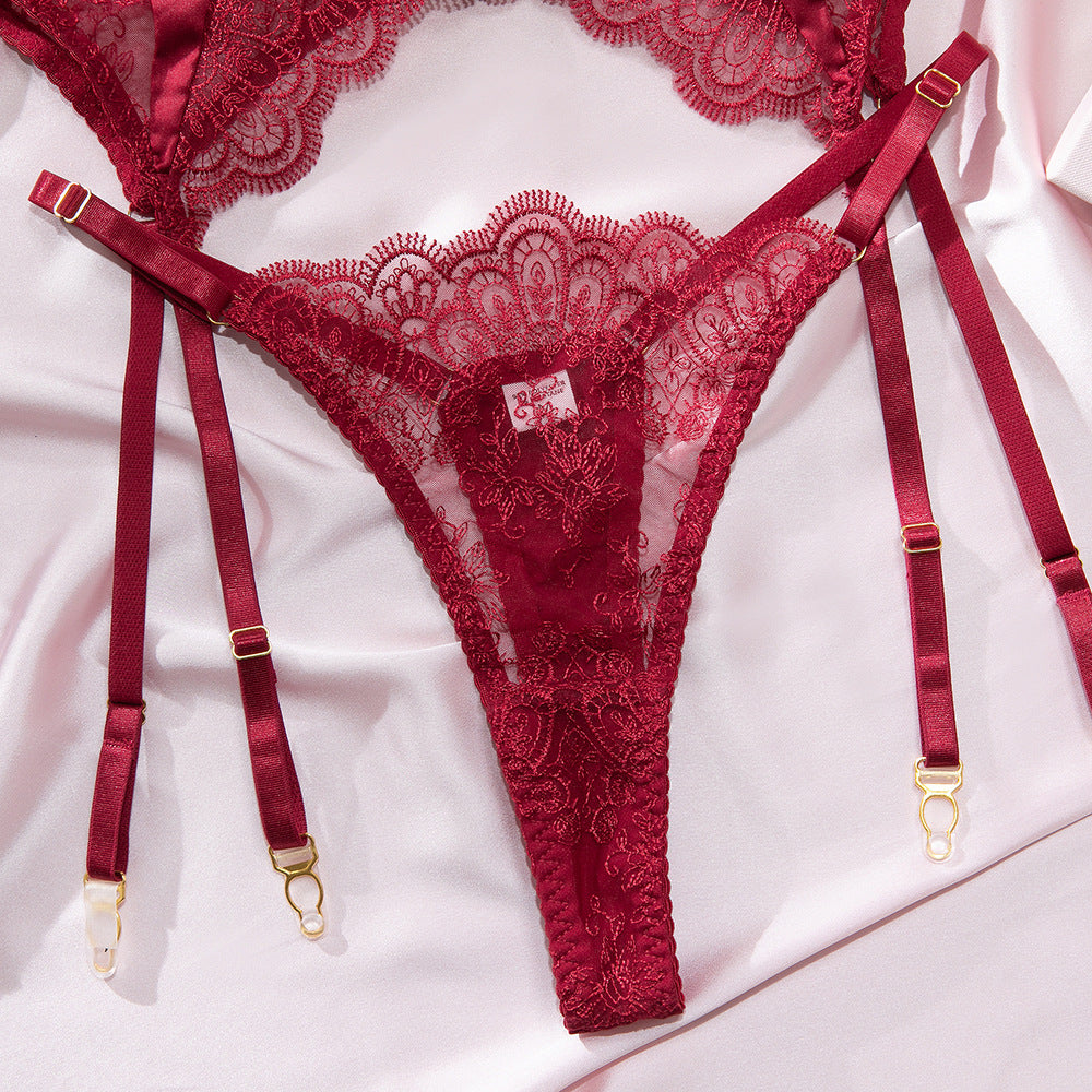 Burgundy Lace Embroidery Eyelash Trim Sheer Bra Lingerie Set