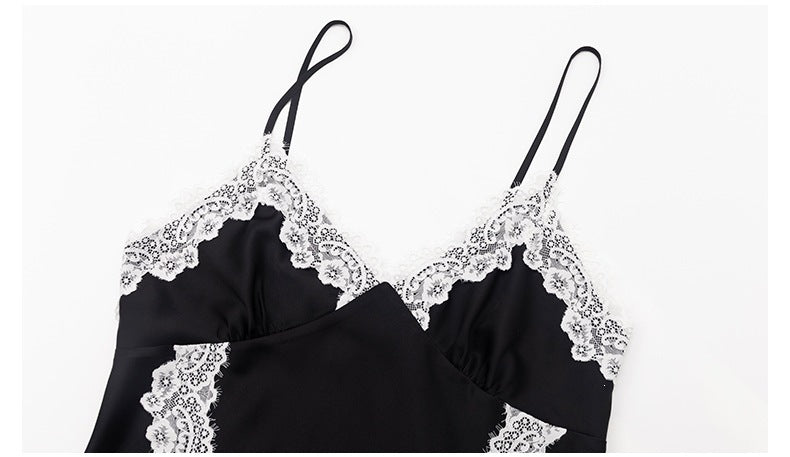 French Lace Deep V Slip Nightgown | Elegant Spaghetti Strap Sleepwear
