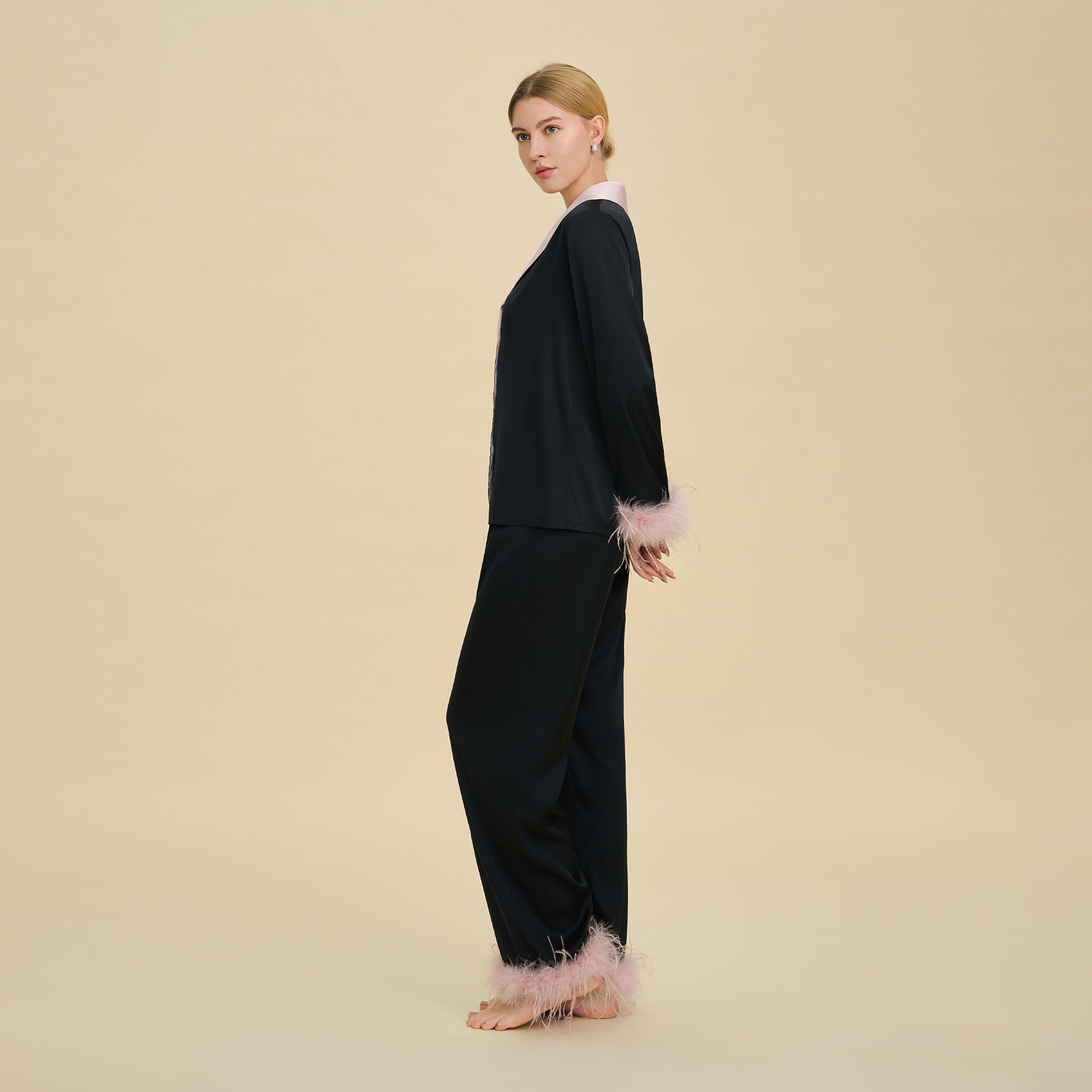 Feather Trim Luxury Pajama Set | Premium Gift Loungewear