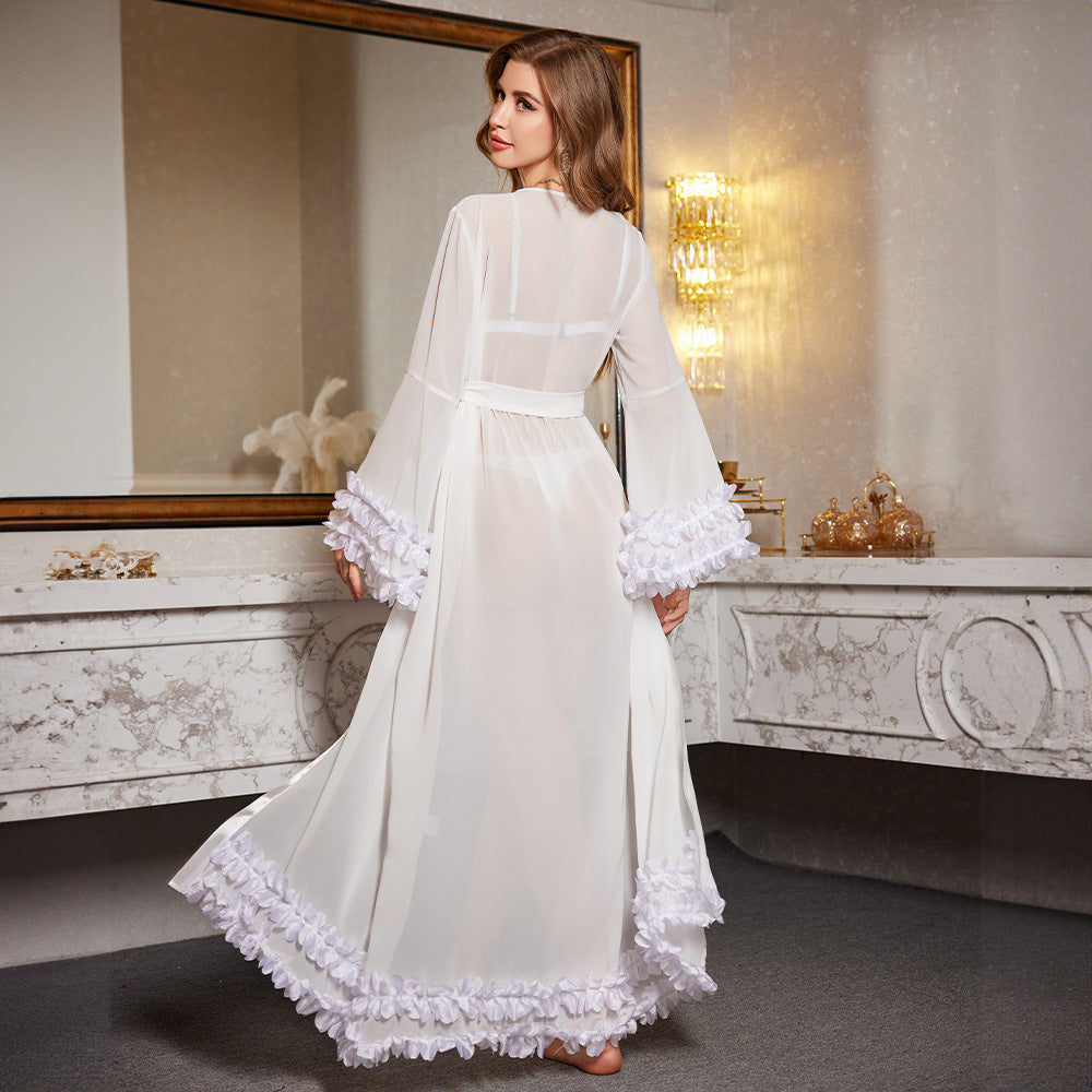 Lace Trim Semi-Sheer Long Robe – Sexy Floral Mesh Loungewear