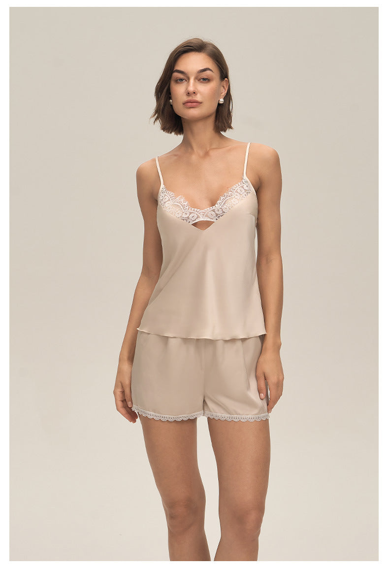 Lace Spaghetti Strap Shorts Loungewear Set — Casual & Comfortable Homewear