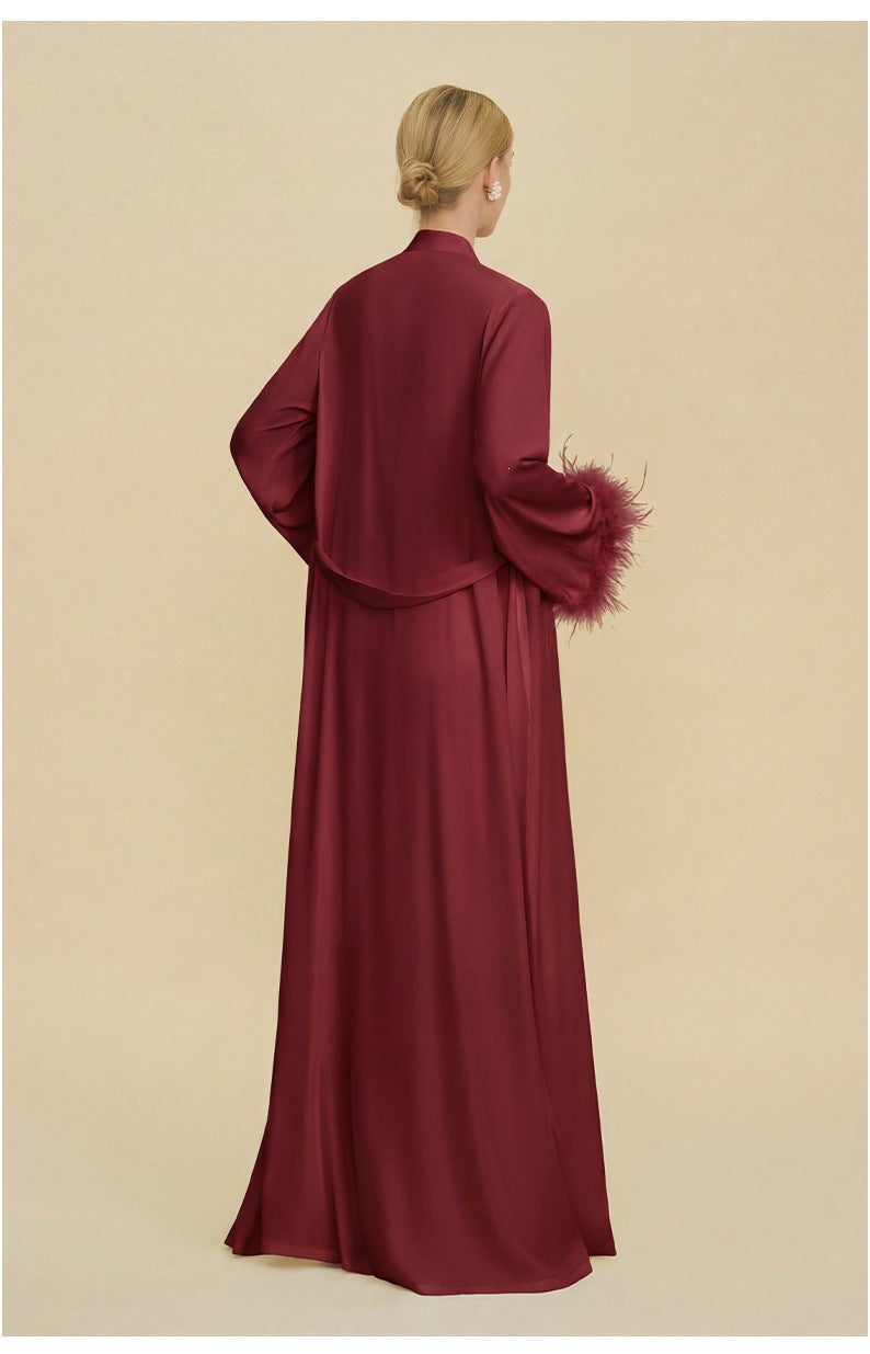 Feather Trim Luxury Robe | High-End Satin Bathrobe for Women