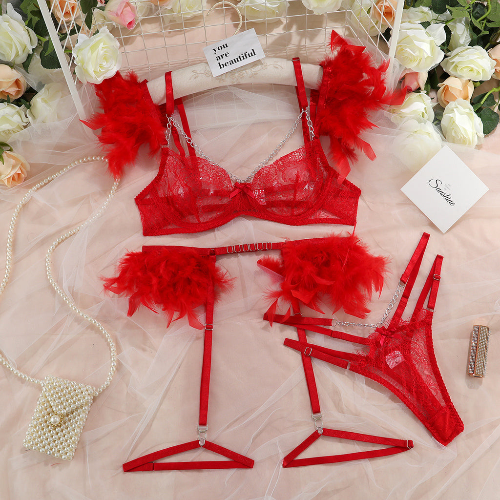 Feather Trim Lace Chain Slim Lingerie Set