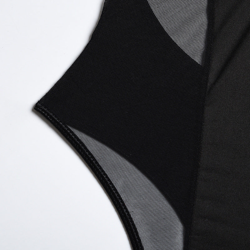 Mesh Patchwork Backless Bodysuit | Sexy Leg Ring Jumpsuit