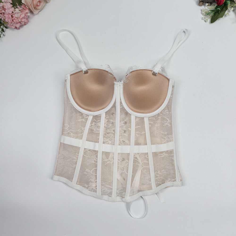 Solid Lace Off-Shoulder Fishbone Corset Bra