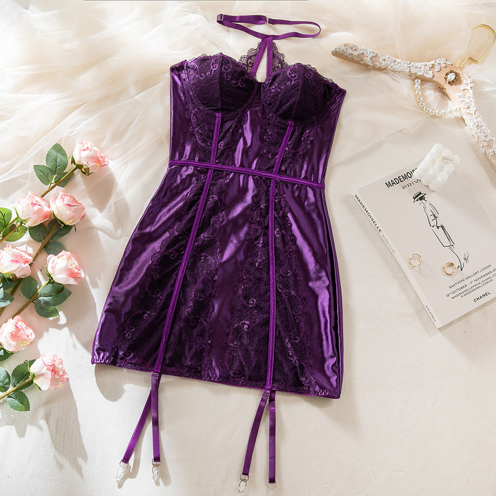 Purple Hollow Lace Splice Halter Neck Lift Babydoll Dress Set