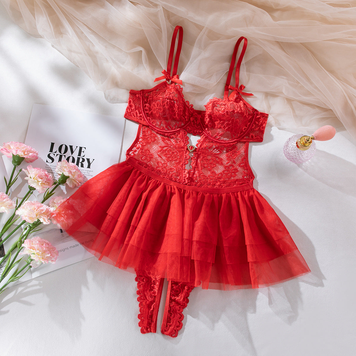 Heart Lace Sheer Backless Pure Desire Babydoll Dress Set