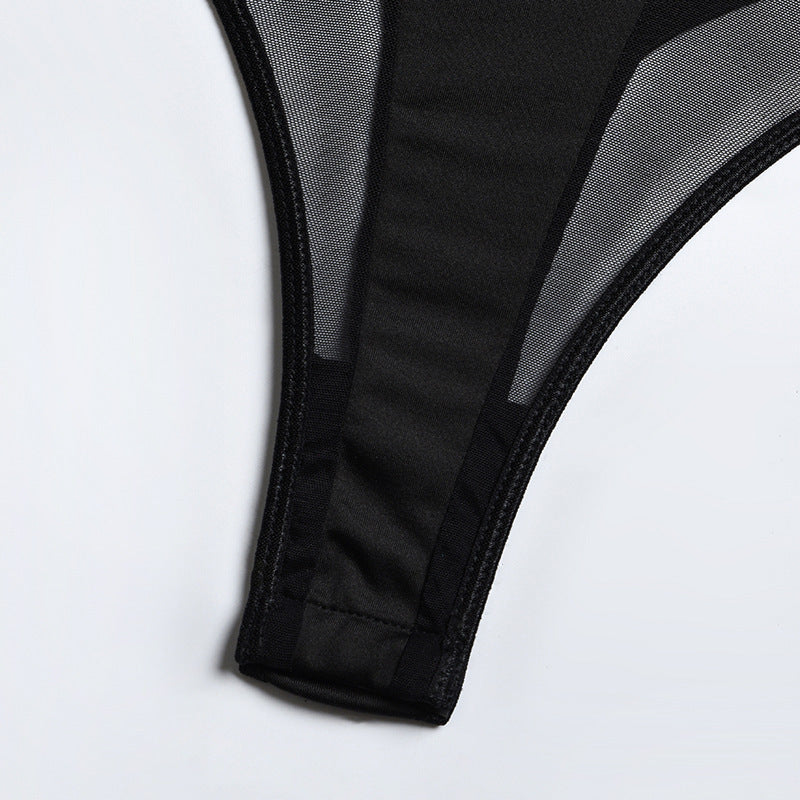 Mesh Patchwork Backless Bodysuit | Sexy Leg Ring Jumpsuit