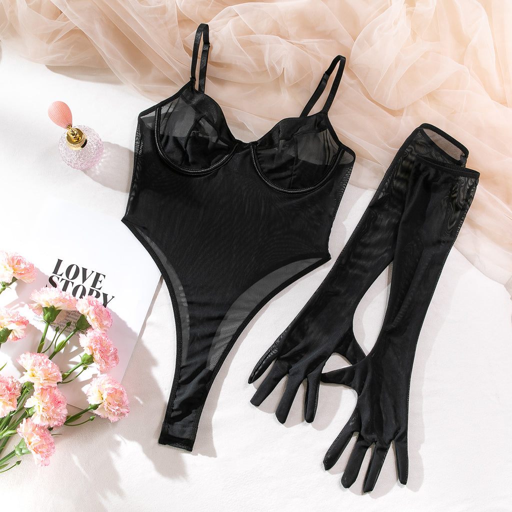 Sheer Mesh Bodysuit with Gloves | Slim-Fit Hip-Lift Lingerie Onesie