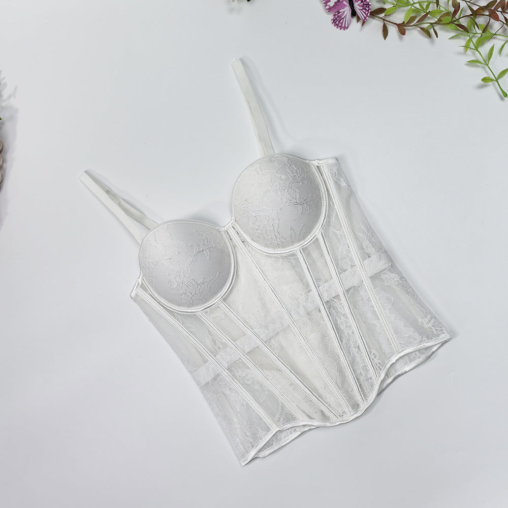 Lace Mesh Waist-Cinching Corset Bustier Top