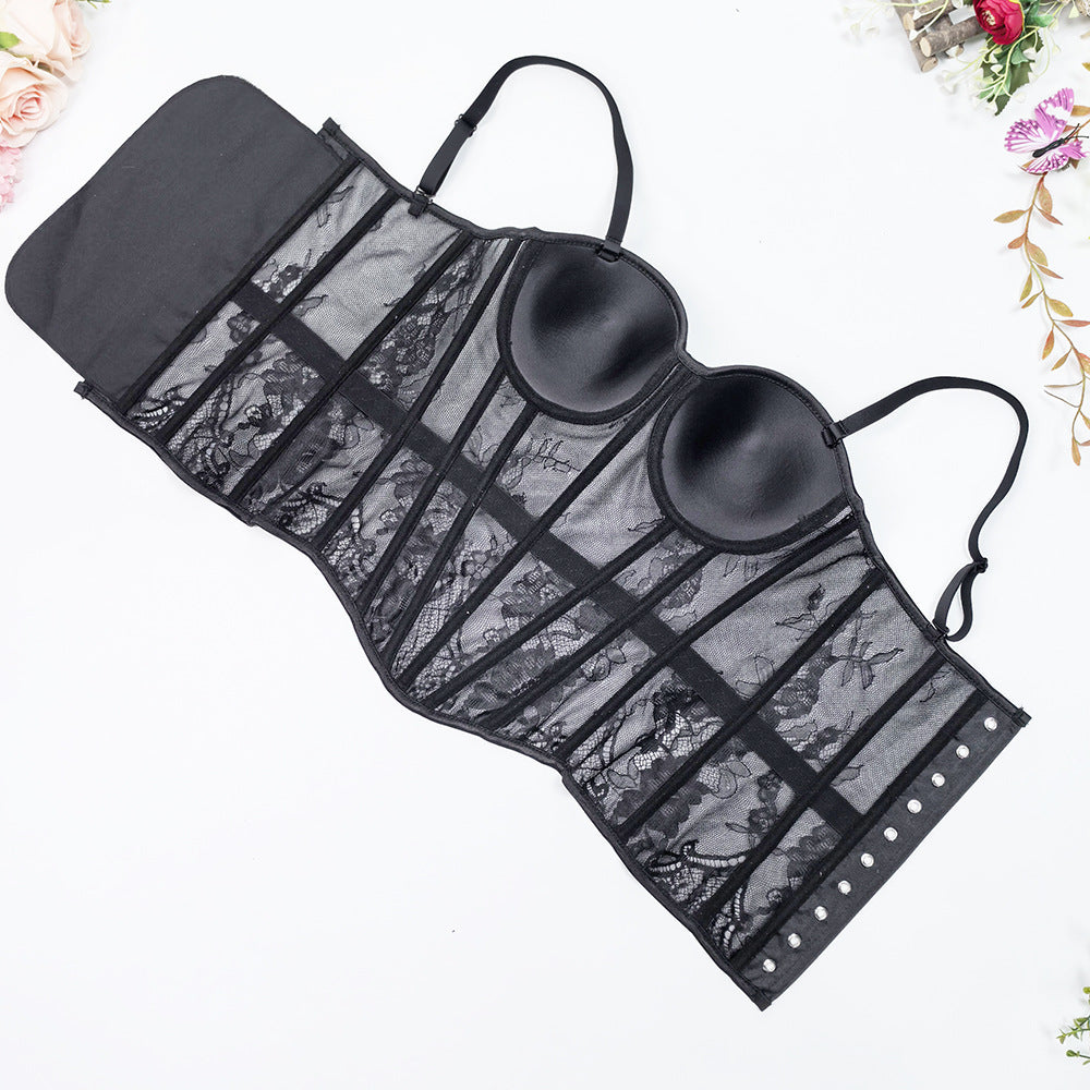 Lace Mesh Waist-Cinching Corset Bustier Top