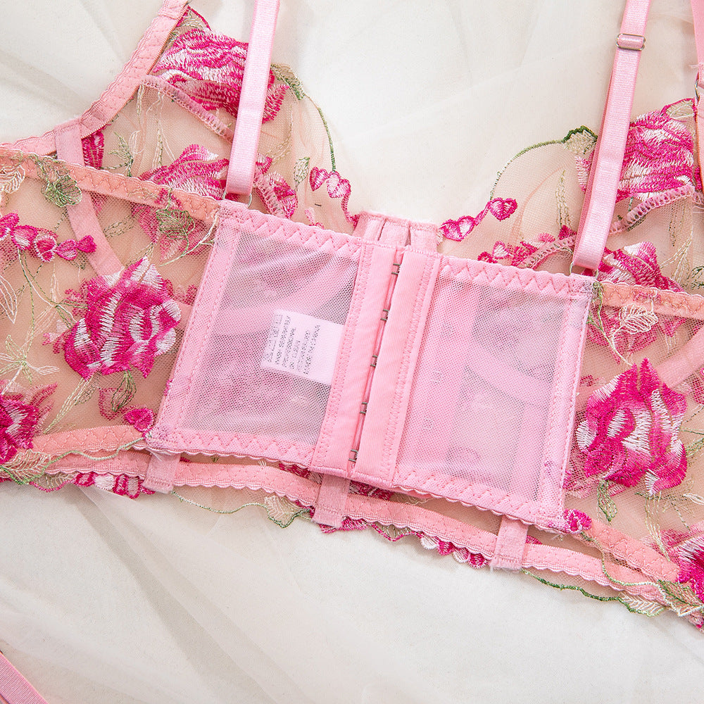 Pink Floral Embroidery Sheer Mesh Underwire Fishbone Bra Set