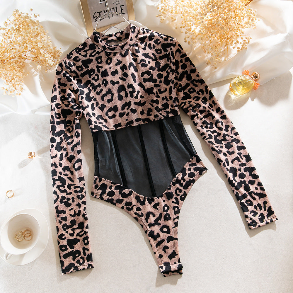 Leopard Print Sheer Mesh Bodysuit | Long Sleeve Shapewear Onesie