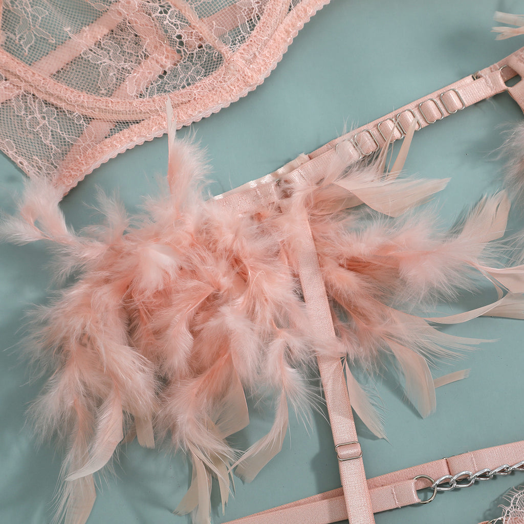 Feather Trim Lace Chain Slim Lingerie Set