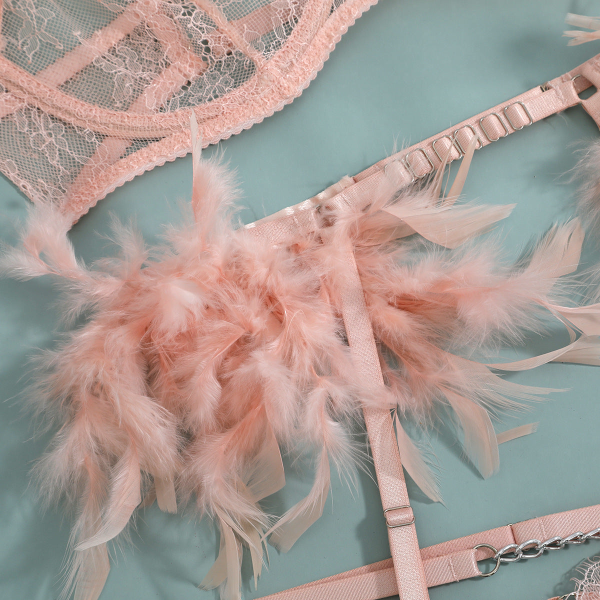 Feather Trim Lace Chain Slim Lingerie Set