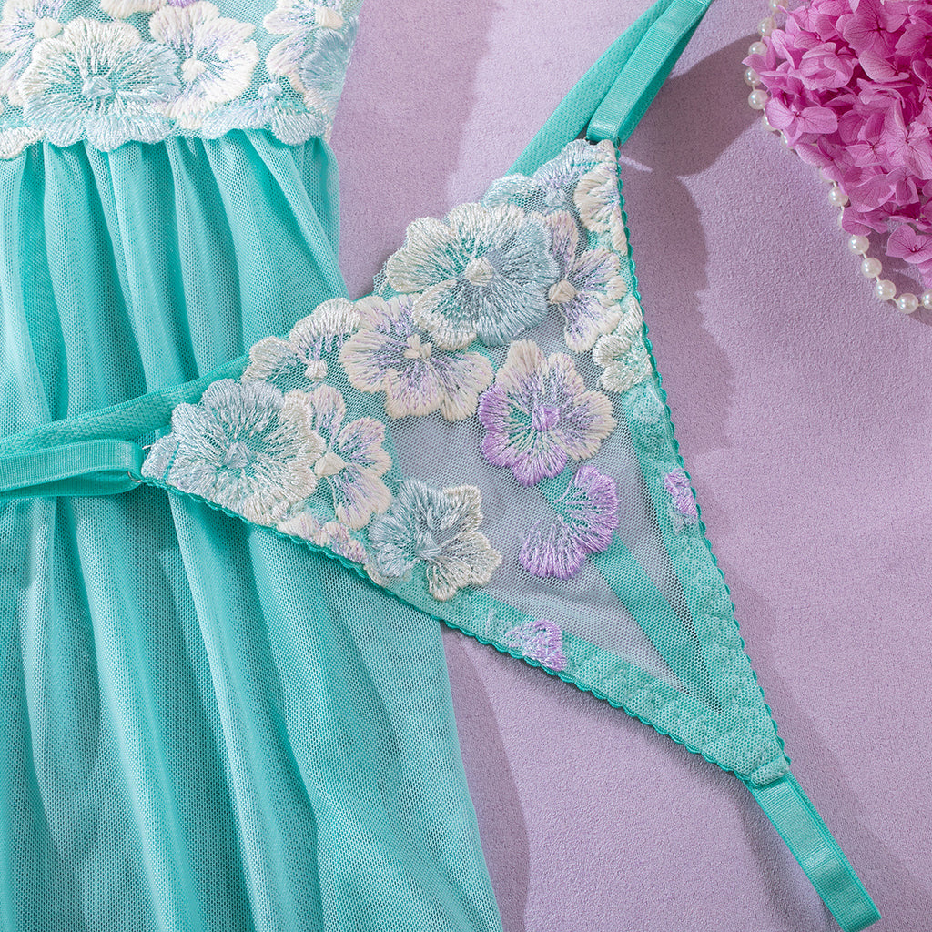 Mint Green Embroidery Mesh Halter Neck Babydoll Four-Piece Set