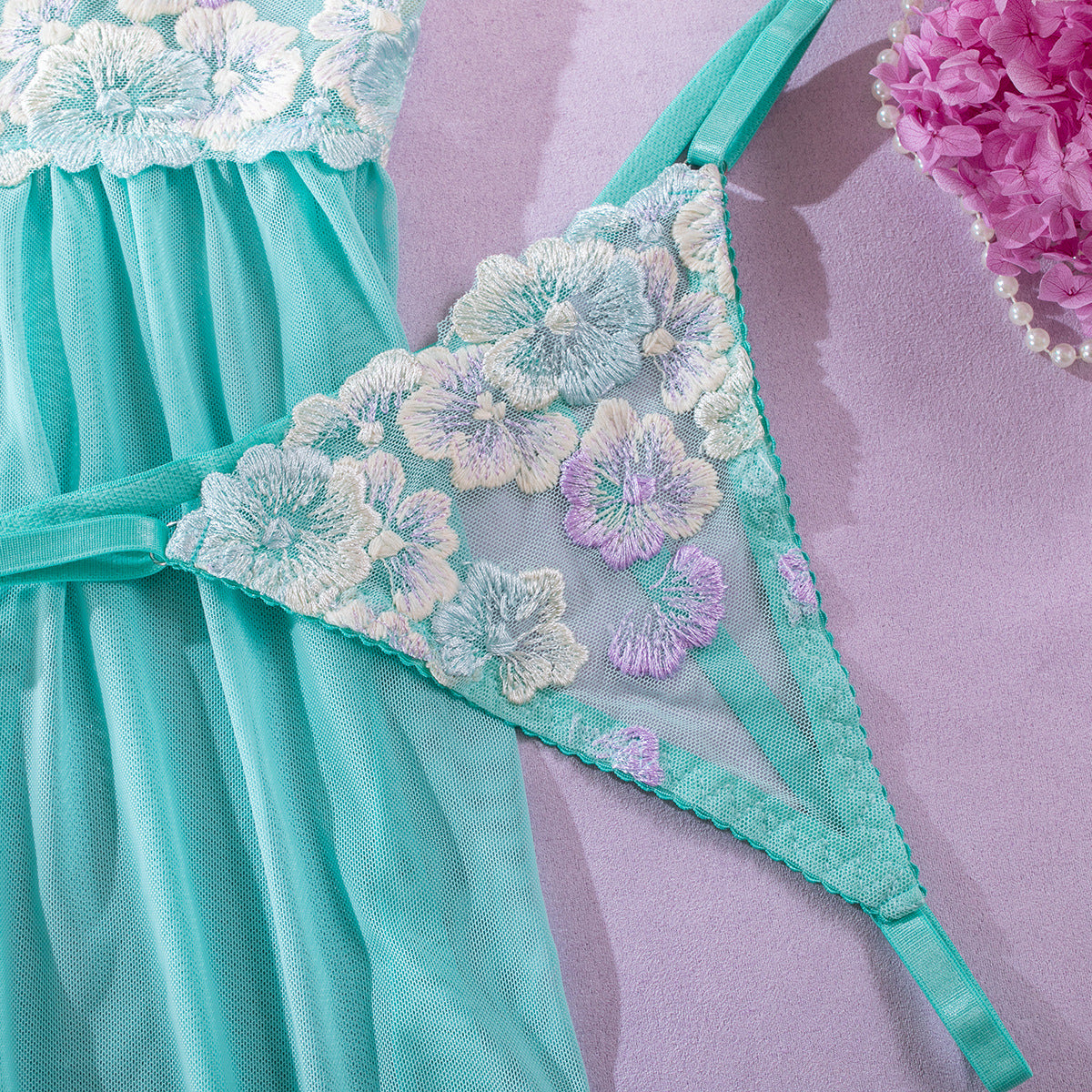 Mint Green Embroidery Mesh Halter Neck Babydoll Four-Piece Set