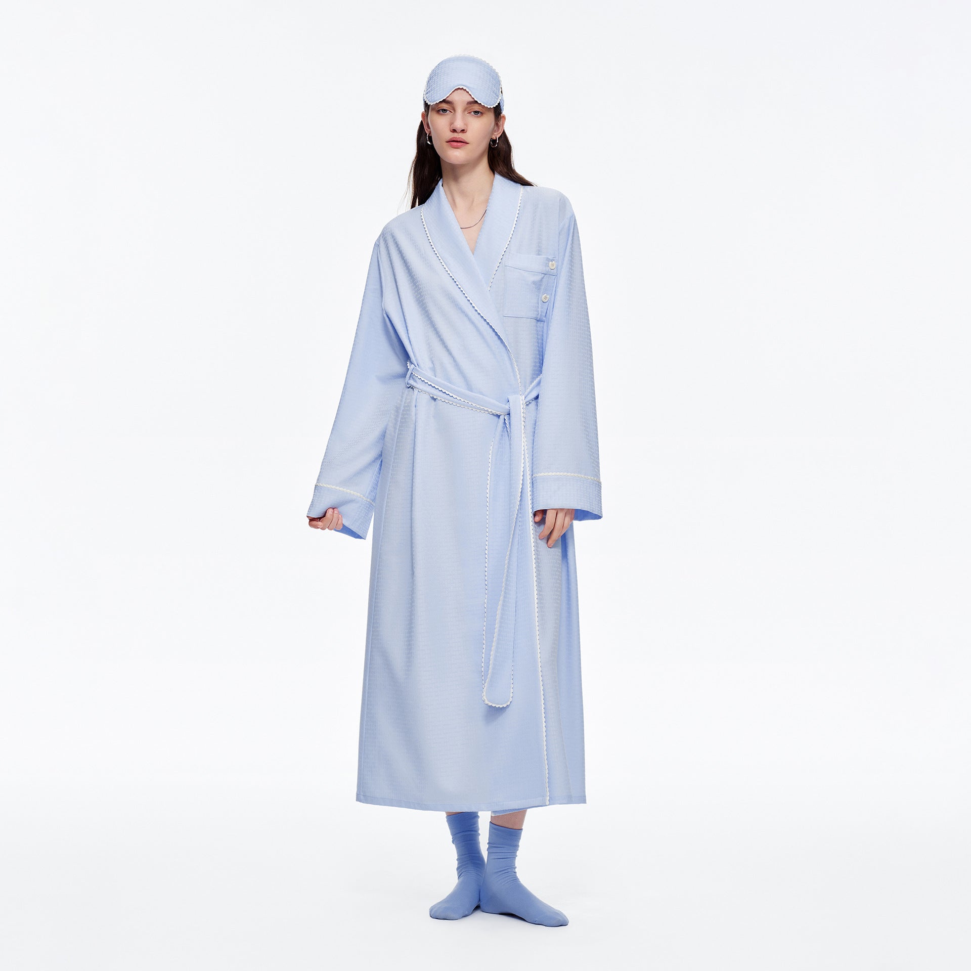 Stripe Waist-Tie Long Morning Robe | Soft Loungewear with Sleep Mask