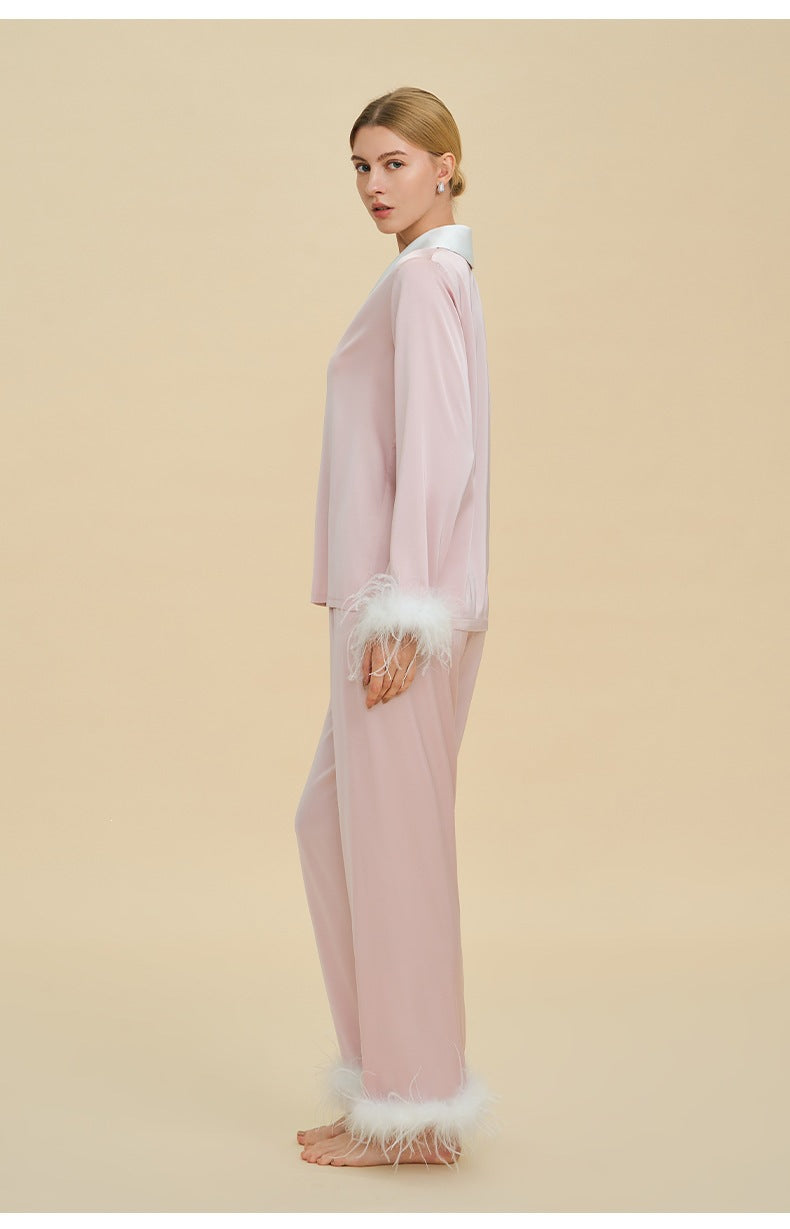 Feather Trim Luxury Pajama Set | Premium Gift Loungewear