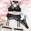 Lace Eyelash Frill Hollow-Out Halter Bra & Garter 4-Piece Lingerie Set