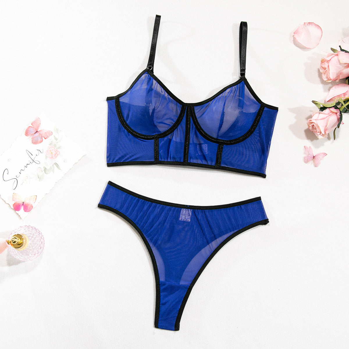 Fishbone Colorblock Sheer Mesh Lift Bra Set