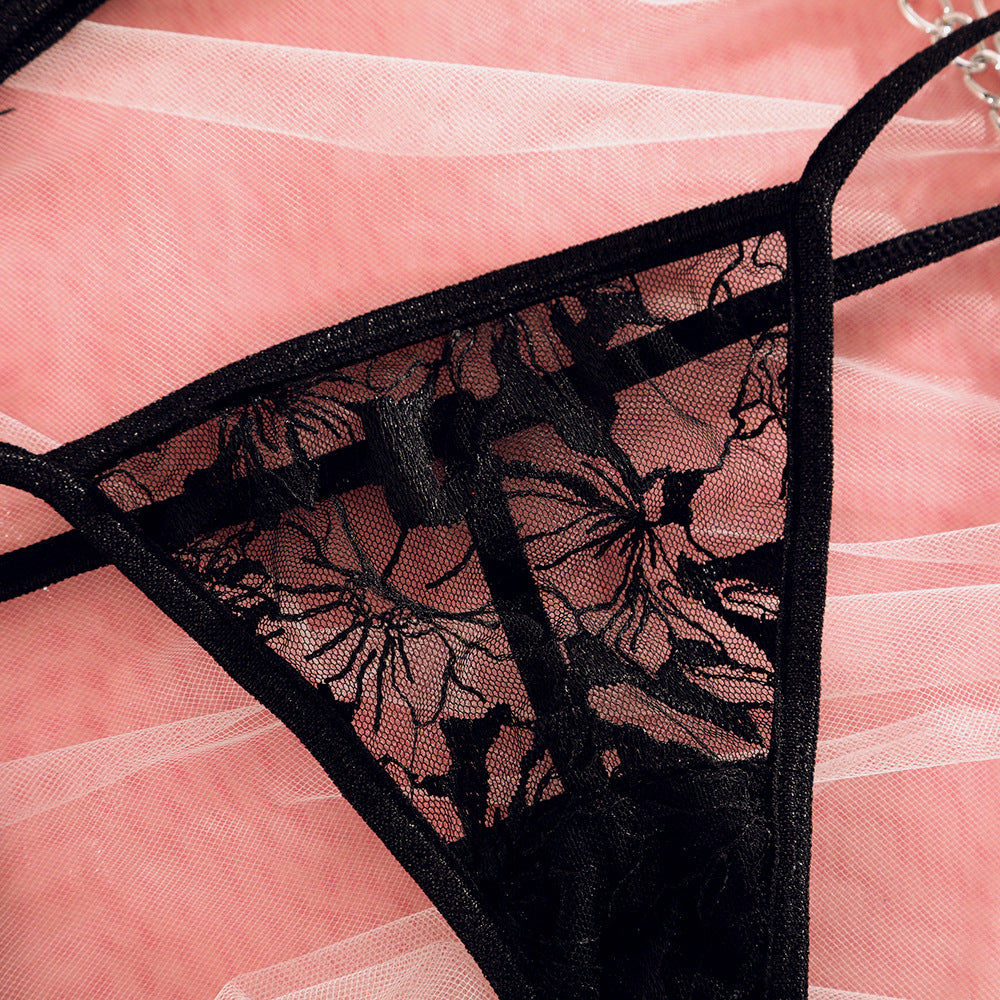 Mesh Embroidery Chain Garter Hollow Cross Lingerie Set